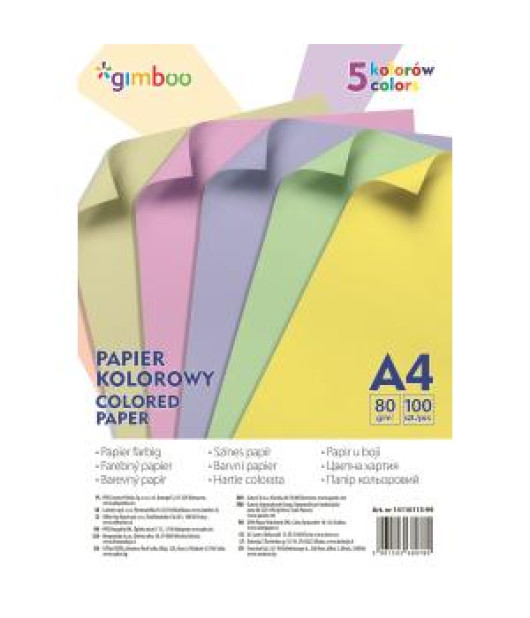 Farebný papier GIMBOO A4, 100 listov, 80 g, 5 pastelových farieb 