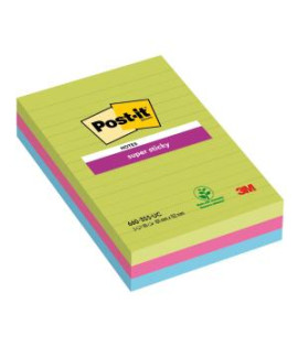 Samolepiaci bloček Post-it Super Sticky 101 mm x 152 mm XXL, dúhové farby, linajkové, 3 bločky po 90 lístkov 