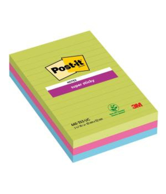 Samolepiaci bloček Post-it Super Sticky 101 mm x 152 mm XXL, dúhové farby, linajkové, 3 bločky po 90 lístkov 