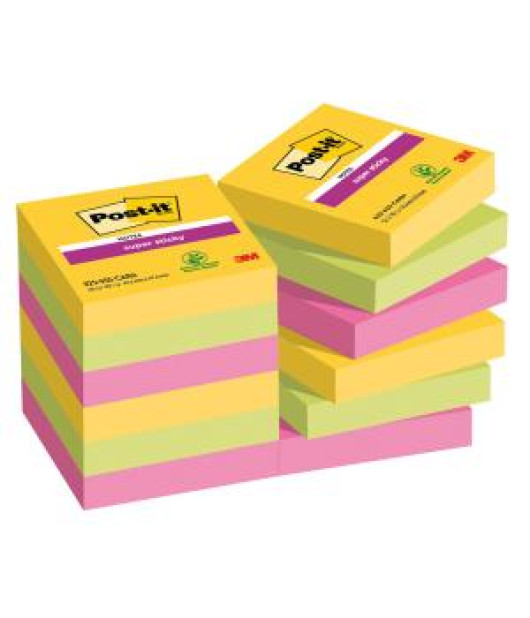 Samolepiaci bloček Post-it Super Sticky CARNIVAL, veľkosť 47,6 x 47,6 mm, 12 bločkov po 90 lístkov 