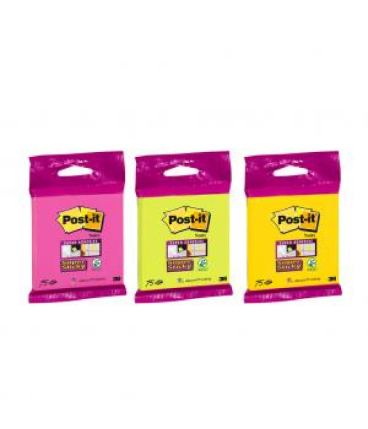 Samolepiaci bloček Post-it Super Sticky 76x76mm, 75l mix farieb žltá, zelená, fuksiová 