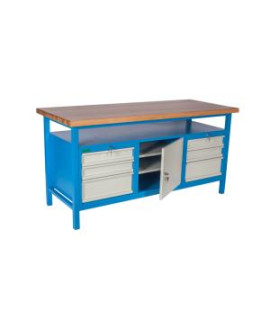 Pracovný stôl so skrinkou a 6 zásuvkami, v.85 x š.170 x h.68,5cm, RAL7035 sivá, RAL5015 modrá 