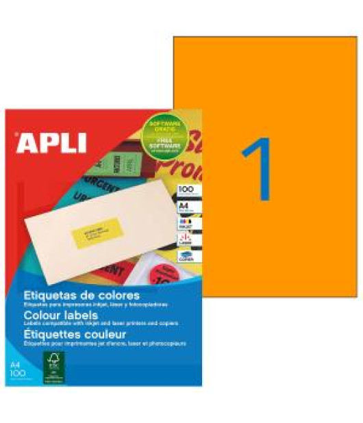 Etikety farebné 210x297mm APLI A4 100 hárkov fluo oranžové 