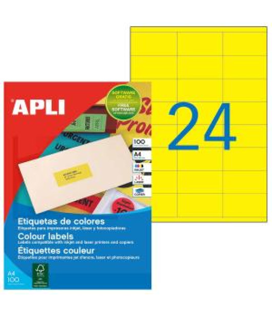 Etikety farebné 70x35mm APLI A4 100 hárkov fluo žlté 