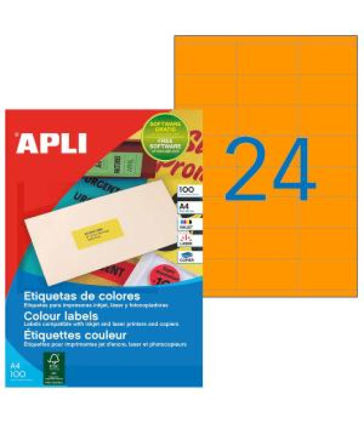 Etikety farebné 70x35mm APLI A4 100 hárkov fluo oranžové 