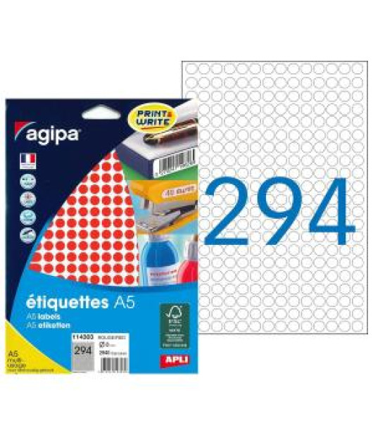 Etikety kruhové 8mm Agipa A5 červené 