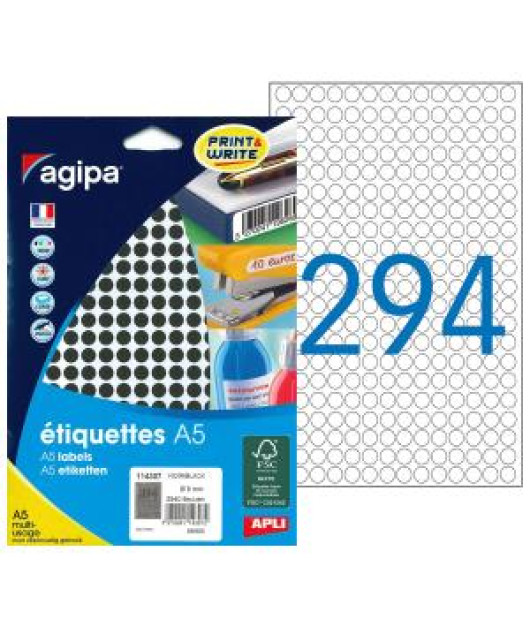 Etikety kruhové 8mm Agipa A5 čierne 