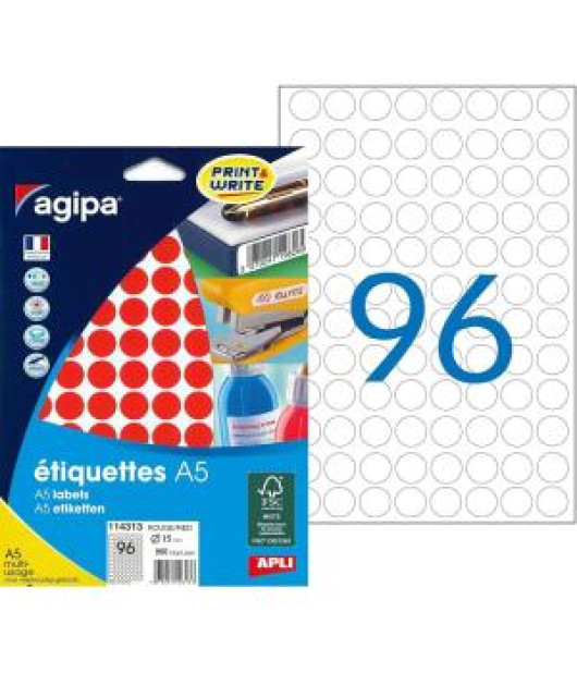 Etikety kruhové 15mm Agipa A5 červené 