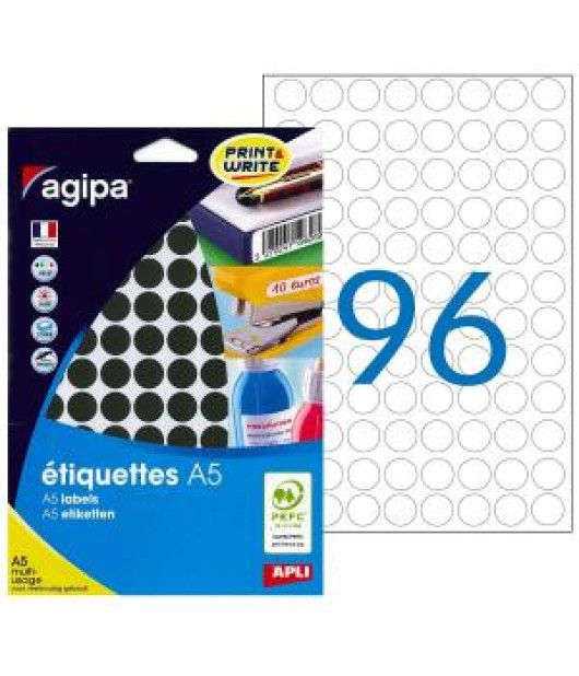 Etikety kruhové 15mm Agipa A5 čierne 