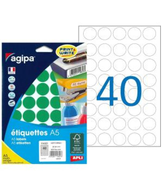 Etikety kruhové 24mm Agipa A5 zelené 