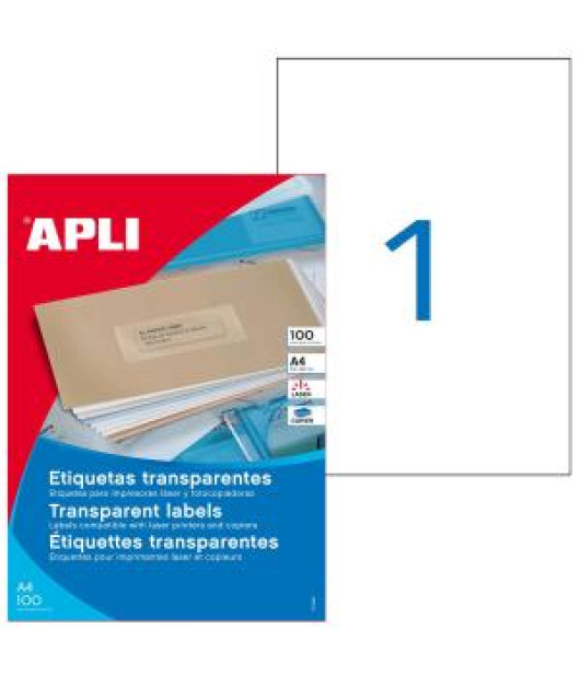 Etikety polyesterové priehľadné 210x297mm Agipa A4 laser 100 hárkov 