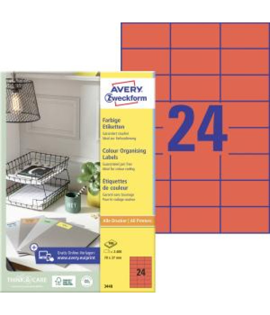 Etikety farebné 70x37mm Avery A4 100 hárkov červené 