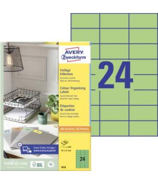 Etikety farebné 70x37mm Avery A4 100 hárkov zelené 