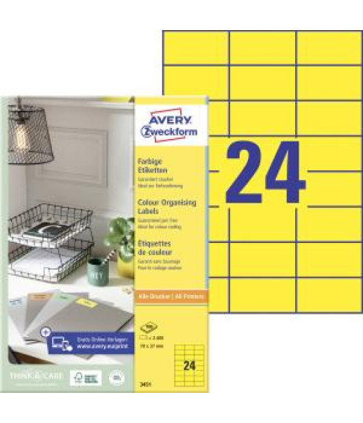 Etikety farebné 70x37mm Avery A4 100 hárkov žlté 