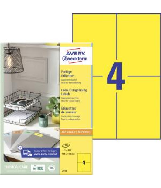 Etikety farebné 105x148mm Avery A4 100 hárkov žlté 