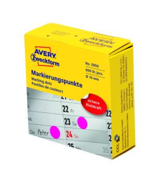 Etikety kruhové 10mm Avery purpurové v dispenzore 