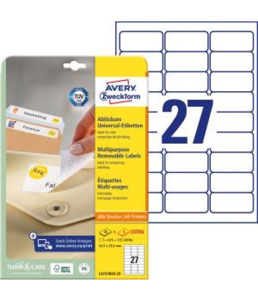 Etikety univerzálne odnímateľné 63,5x29,6mm Avery A4 25+5 hárkov 