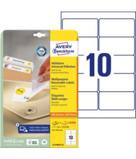Etikety univerzálne odnímateľné 96x50,8mm Avery A4 25+5 hárkov 