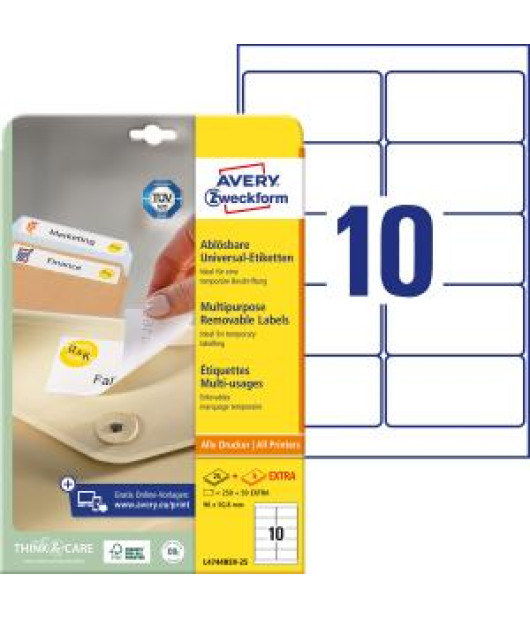 Etikety univerzálne odnímateľné 96x50,8mm Avery A4 25+5 hárkov 