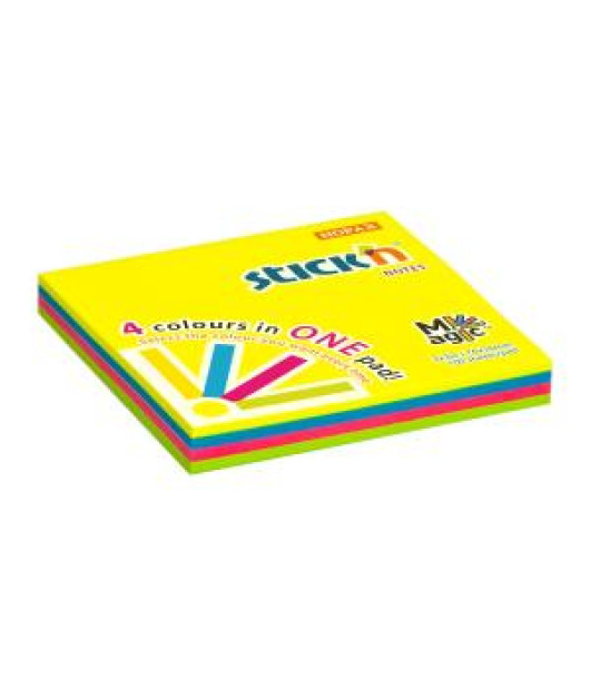 Samolepiaci bloček Stick’n Hopax MAGIC 4 neónové farby, 76 x 76 mm, 100 lístkov 