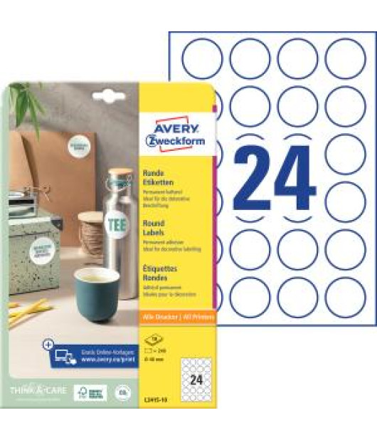 Etikety univerzálne kruhové 40mm Avery A4 10 hárkov 