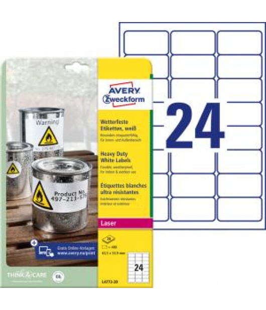 Etikety polyesterové veľmi odolné 63,5x33,9mm Avery A4 biele 20 hárkov 