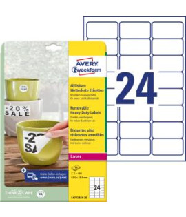 Etikety polyesterové veľmi odolné 63,5x33,9mm Avery A4 biele odnímateľné 20 hárkov 