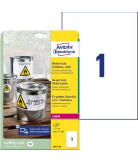 Etikety polyesterové veľmi odolné 210 x 297mm Avery A4 biele 20 hárkov 