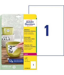 Etikety polyesterové veľmi odolné 210x297mm Avery A4 biele odnímateľné 20 hárkov 