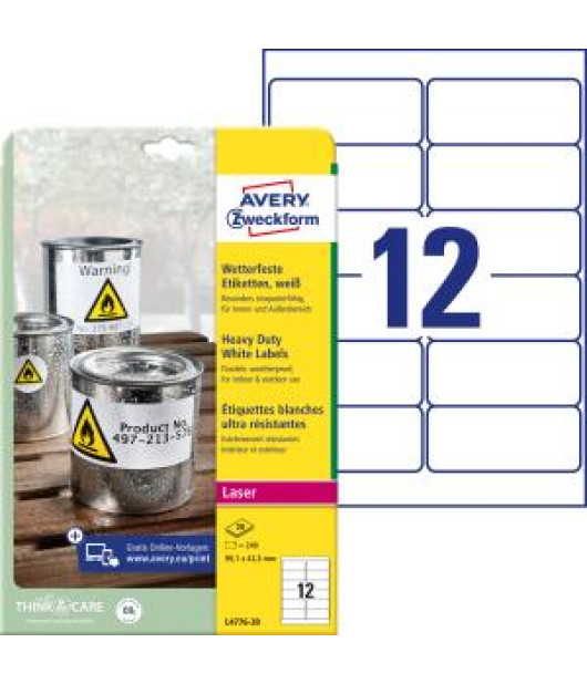 Etikety polyesterové veľmi odolné 99,1x42,3mm Avery A4 biele 20 hárkov 