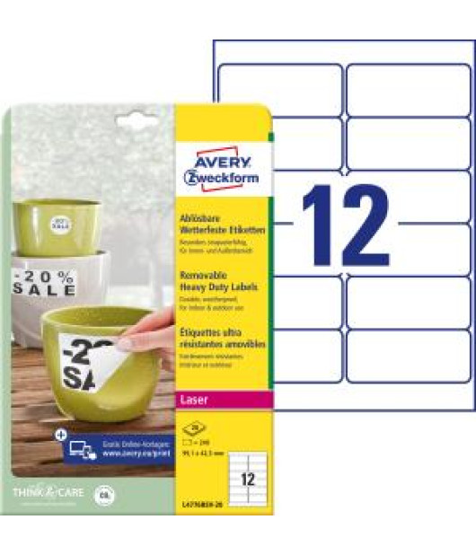 Etikety polyesterové veľmi odolné 99,1x42,3mm Avery A4 biele odnímateľné 20 hárkov 