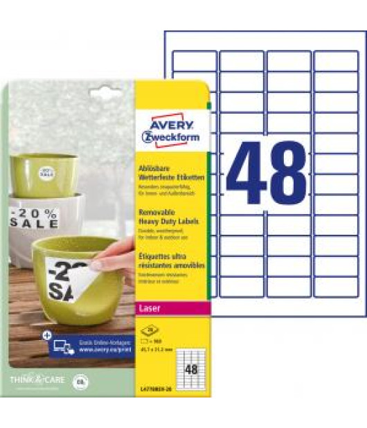 Etikety polyesterové veľmi odolné 45,7x21,2mm Avery A4 biele odnímateľné 20 hárkov 
