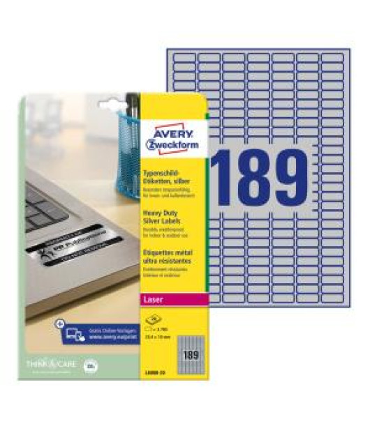 Etikety polyesterové veľmi odolné 25,4x10mm Avery A4 strieborné 20 hárkov 