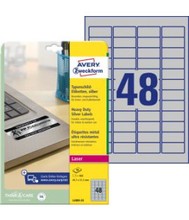 Etikety polyesterové veľmi odolné 45,7x21,2mm Avery A4 strieborné 20 hárkov 