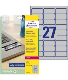 Etikety polyesterové veľmi odolné 63,5x29,6mm Avery A4 strieborné 20 hárkov 