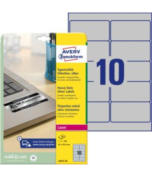 Etikety polyesterové veľmi odolné 96x50,8mm Avery A4 strieborné 20 hárkov 