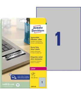 Etikety polyesterové veľmi odolné 210x297mm Avery A4 strieborné 20 hárkov 