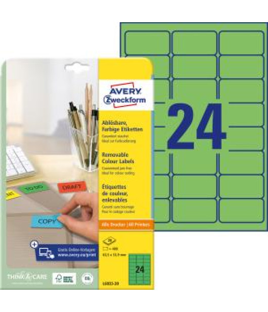 Etikety Avery odnímateľné 63,5x33,9 mm, zelené 
