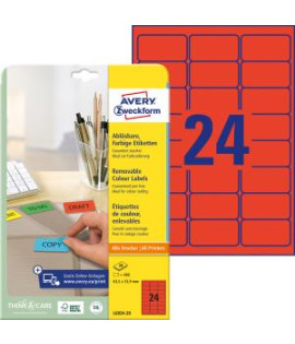 Etikety Avery odnímateľné 63,5x33,9 mm, červené 