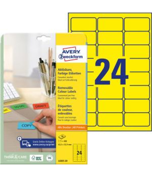Etikety Avery odnímateľné 63,5x33,9 mm, žlté 