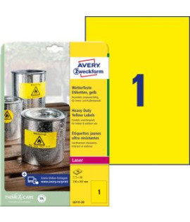 Etikety polyesterové veľmi odolné 210x297mm Avery A4 žlté 20 hárkov 