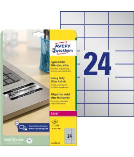 Etikety polyesterové veľmi odolné 70x37mm Avery A4 strieborné 20 hárkov 