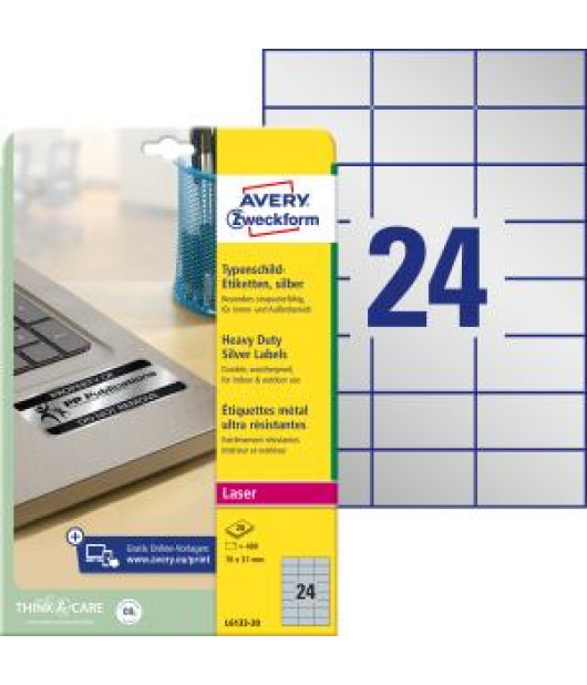 Etikety polyesterové veľmi odolné 70x37mm Avery A4 strieborné 20 hárkov 
