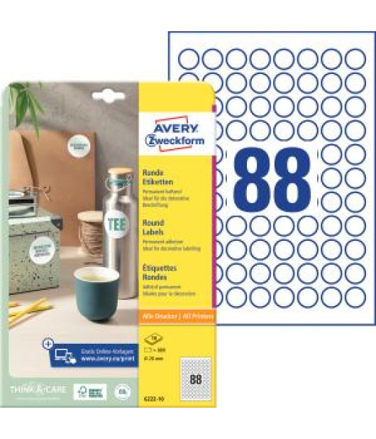 Etikety univerzálne kruhové 20mm Avery A4 10 hárkov 