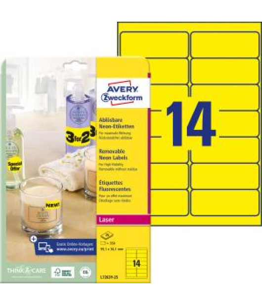 Etikety Avery odnímateľné 99,1x38,1 mm neónové žlté 