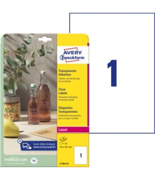 Etikety polyesterové veľmi odolné 210x297mm Avery A4 25 hárkov priehľadné 