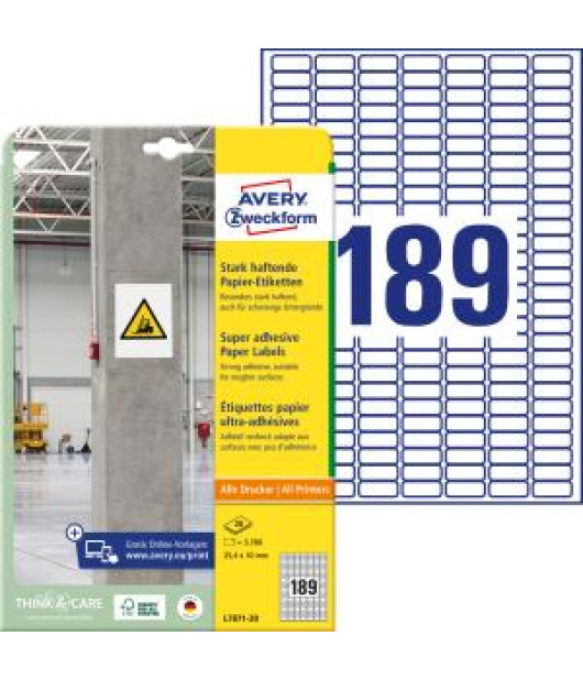 Etikety univerzálne 25,4x10mm Avery A4, silne lepivé 20 hárkov 