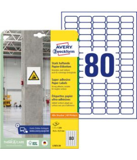 Etikety univerzálne 35,6x16,9mm Avery A4, silne lepivé 20 hárkov 