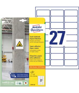 Etikety univerzálne 63,5x29,6mm Avery A4, silne lepivé 20 hárkov 