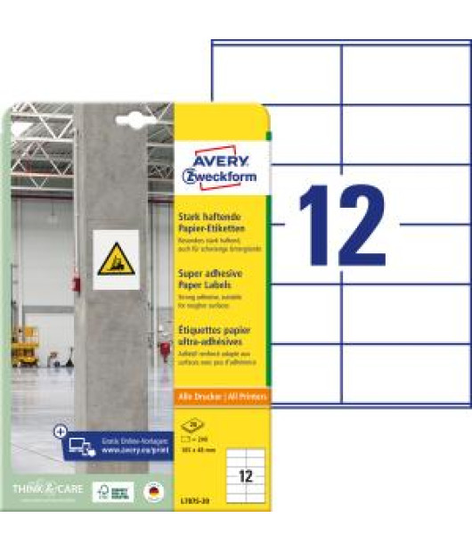 Etikety univerzálne 105x48mm Avery A4, silne lepivé 20 hárkov 